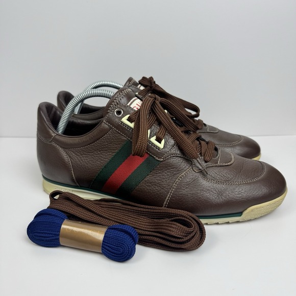 Men's GUCCI 'SL73' Brown‎ Leather Sneakers US 8.5 GUCCI 8 G Shoes Vintage - Picture 1 of 9